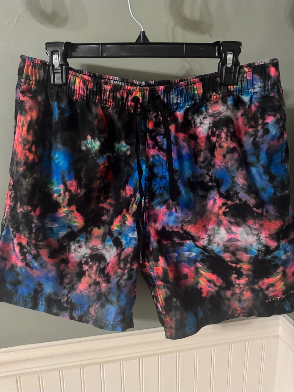 Rusty Surfboards Men's Black Multicolor Tie-Dye Swim Trunks with Elastic Waist
